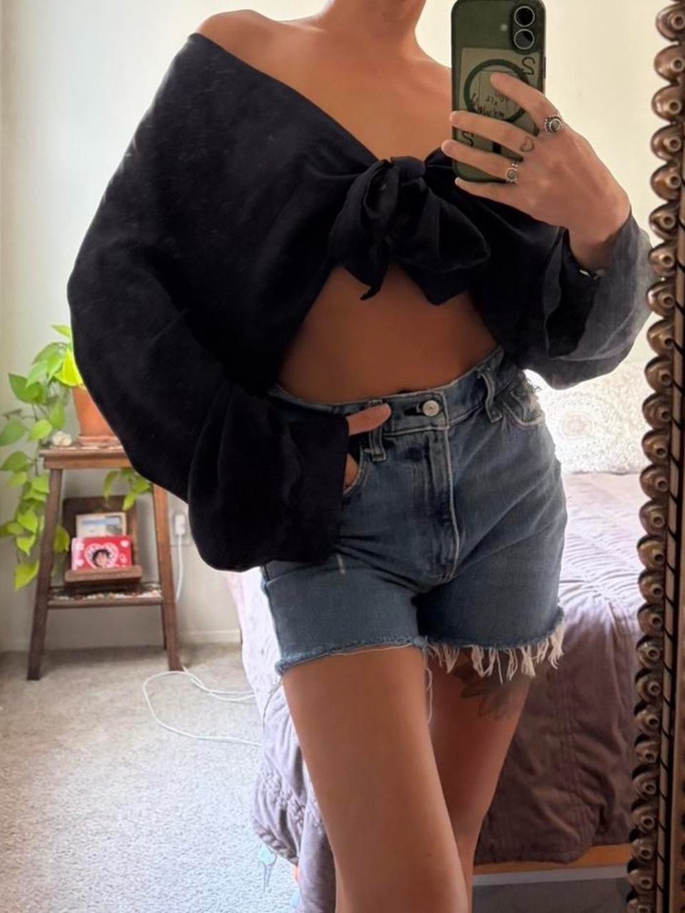 Silk blue Tie-Front Off-Shoulder Crop Top or oversized button down blouse